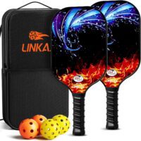 Linkax Palas de pickleball, juego de 2 paletas de pickleball ligeras de fibra de vidrio con 4 bolas de pickleball, 1 bolsa de pickleball, juego de raquetas de pickleball, regalos para mujeres, hombres