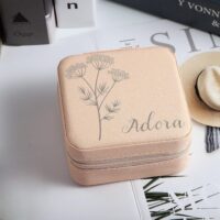 Caja de Joyería Personalizada para Mujer Niñas, Joyero Pequeño de Viaje de Cuero de PU, Estuche Organizador para Joyas con Flor Personalizada y Nombre para Día de la Madre Cumpleaños (Rosa Claro)