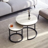 Pack de 2 Mesas de Centro Conjunto De Mesa Auxiliar De SalóN Redonda Madera Mesitas De Noche Mesas De Café Y Té-Blanco, Grande: 60 * 60 * 45cm; pequeño: 40 * 40 * 35cm
