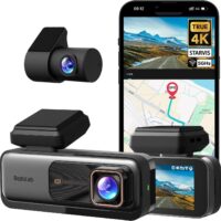4K Dash CAM Delantera y Trasera, Visión Nocturna, Cámara Trasera Giratoria 360°, Tarjeta SD 64 GB, Pantalla IPS 2.45», Gran Angular 170°, GPS y WiFi Integrados, Modo Aparcamiento 24/7