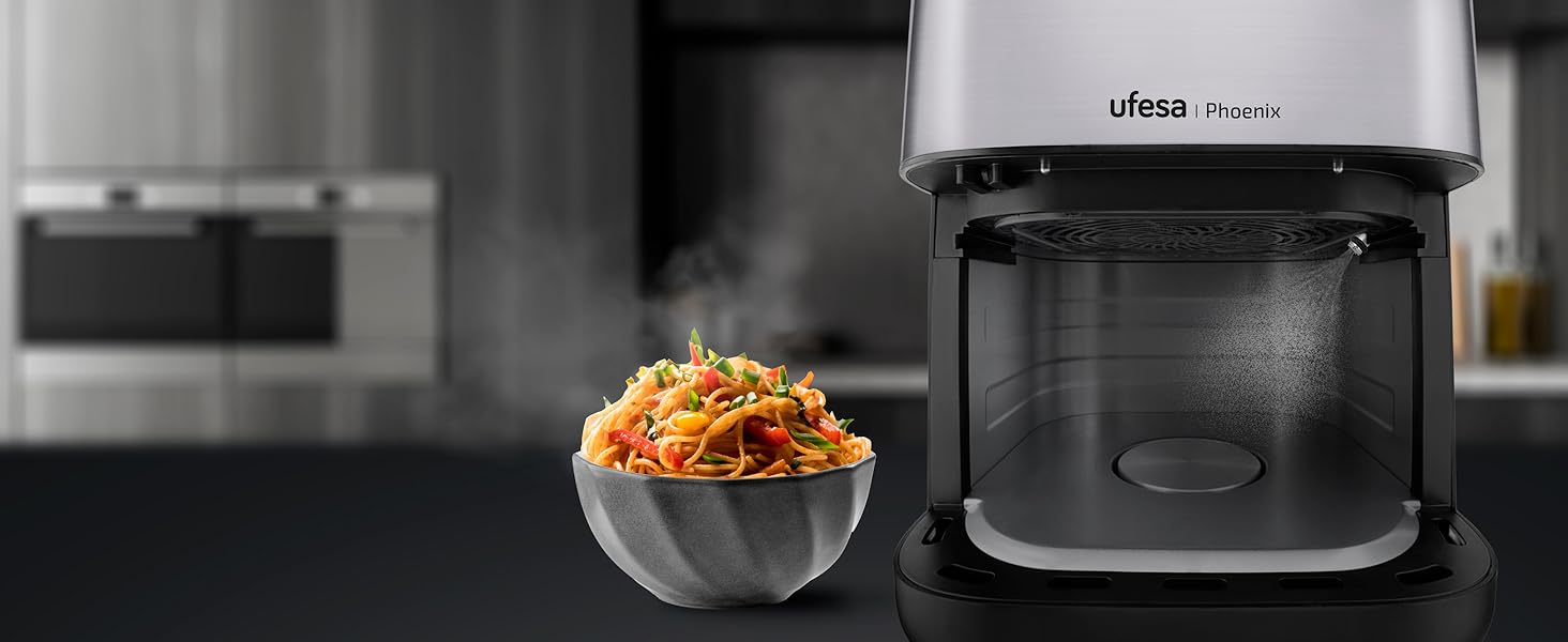 Ufesa Parrot, freidora de aire con vapor, freidora sin aceite con vapor, freidora con vapor