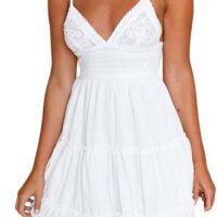 2023 Vestidos Corto sin Manga Mujer, Elegante Vestidos de Tirantes Color sólido Fiesta Cuello en V Arco Vestido de Cóctel Noche Suelto Moda Encaje Sexys Vestidos Vestir Plisados Playa Vacaciones
