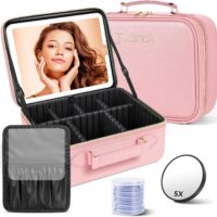 Bolsa de maquillaje de viaje con espejo LED, organizador portátil de cosméticos con compartimento divisor ajustable, Pink, moda