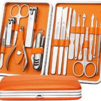 Conjunto de 16 Piezas Cortauñas y Herramienta Manicura Lujo Funda de Cuero Genuino, 430 Acero Inoxidable Cuidado Personal Belleza Facial Profesional Manicura & Pedicura (Naranja)