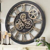 El Reloj de Engranajes - Reloj de Pared de Engranaje Real de 60,9 cm (24 Pulgadas) con Reloj de Pared Industrial de Gran tamaño rústico (Madera Negra Vintage y Bronce)