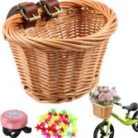 KBIBCK Cesta de Bicicleta para Niños, Cesta de Mimbre para Bicicleta, Canasta para Bicicleta para Niñas, Cesta Bicicleta Infantil con Correas Ajustables, Timbre de Bicicleta, Radios
