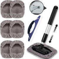 STARPIA Limpiador Parabrisas Ventanas de Coche + 7 Almohadillas Lavables, Cepillo Paño Microfibra con Manija Giratoria Mango Largo, Kit Limpiza Coche